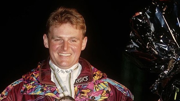 9 FEB 1992: PATRICK ORTLIEB OF AUSTRIA RECEIVES HIS GOLD MEDAL FOR HIS WIN IN THE MENS DOWNHILL AT THE 1992 ALBERTVILLE WINTER OLYMPICS. ORTLIEB WINS WITH A TIME OF 1:50.37.
