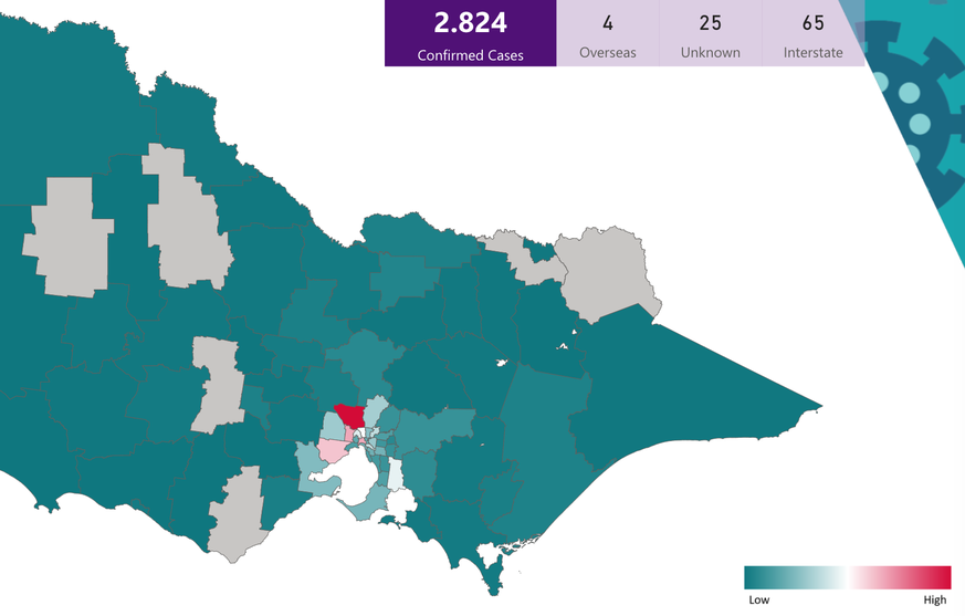 Die Verteilung der Fälle im australischen Bundesstaat Victoria. Melbourne befindet sich in der «roten» Bucht.
