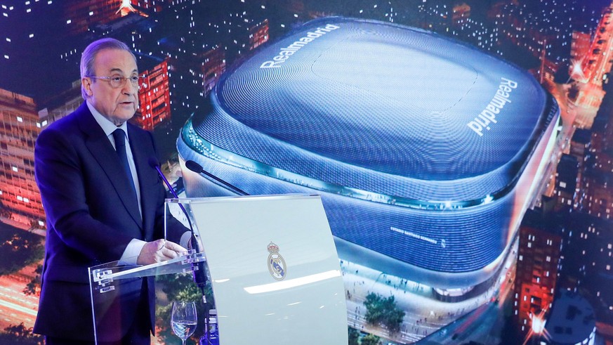 epa09144570 (FILE) - Real Madrid&#039;s President Florentino Perez delivers a speech during the presentation of remodeling project of Santiago Bernabeu Stadium in Madrid, Spain, 02 April 2019 (reissue ...
