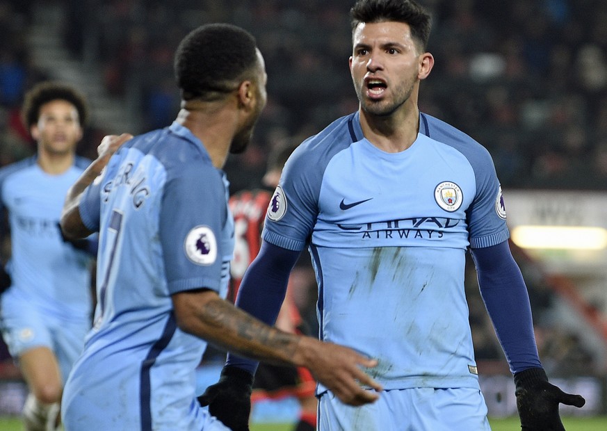 epa05791731 Manchester City&#039;s Sergio Aguero (R) celebrates scoring their second goal against Bournemouth with Raheem Sterling (L) during the English Premier League soccer match between AFC Bourne ...