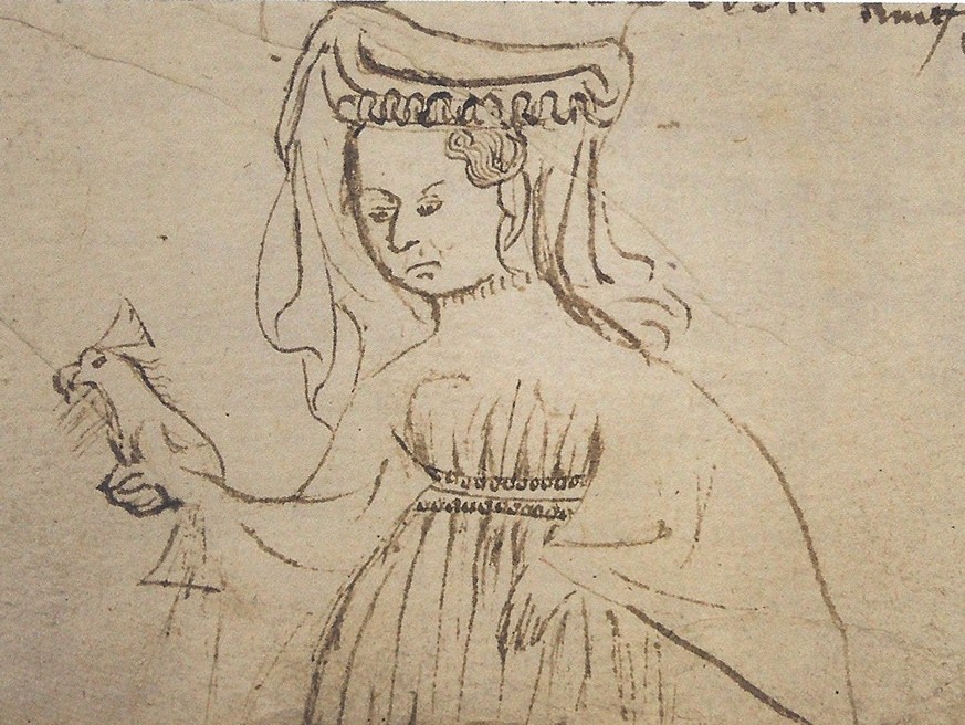 Die Bordellkönigin in einer Darstellung aus dem Registre du notaire Jean Fusier von 1413.