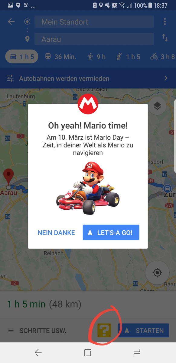 Mit einem Klick auf den Button «LET'S-A GO!» verwandelt sich der Richtungspfeil in Google Maps in Mario.