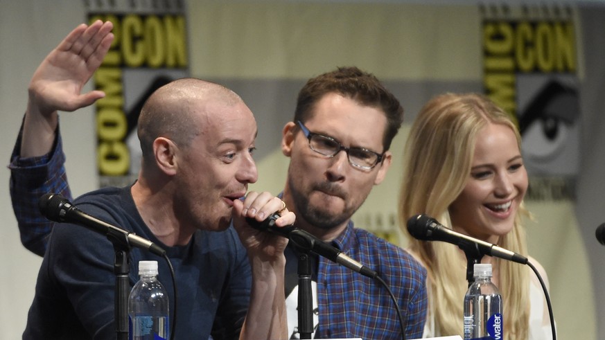James McAvoy, from left, Bryan Singer, and Jennifer Lawrence attend the &quot;X-Men: Apocalypse&quot; panel on day 3 of Comic-Con International on Saturday, July 11, 2015, in San Diego, Calif. (Photo  ...