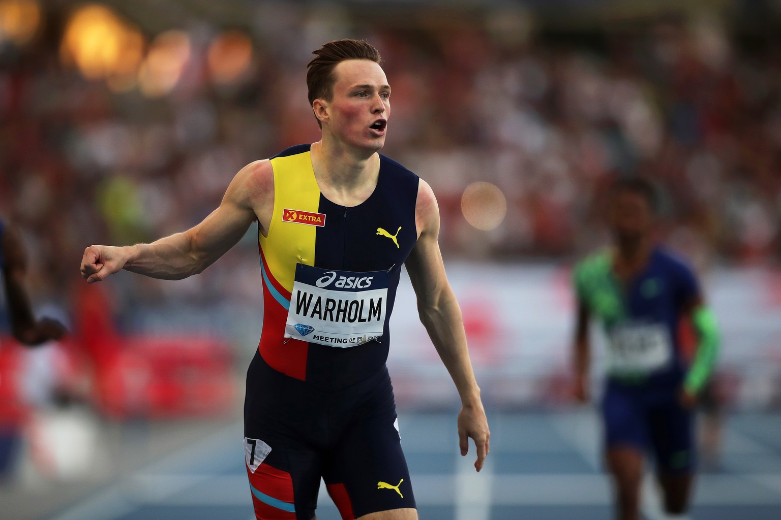 epa07791256 Karsten Warholm of Norway crosses the finish line to win the men&#039;s 400m Hurdles race at the IAAF Diamond League meeting at the stade Charlety in Paris, France, 24 August 2019. EPA/CHR ...