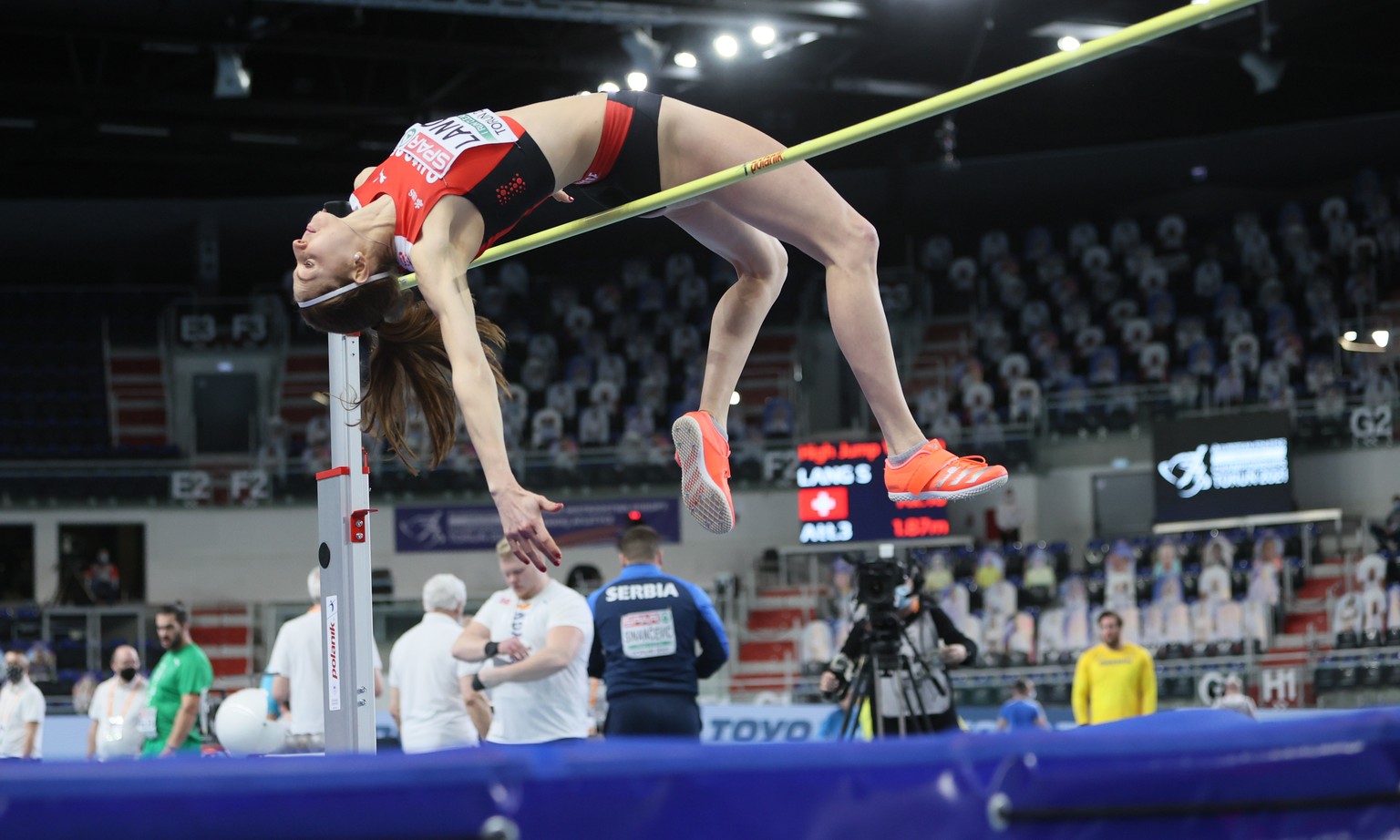 epa09055149 Salome Lang of Switzerland competes in the women&#039;s High Jump qualification at the 36th European Athletics Indoor Championships at the Arena Torun, in Torun, north-central Poland, 05 M ...