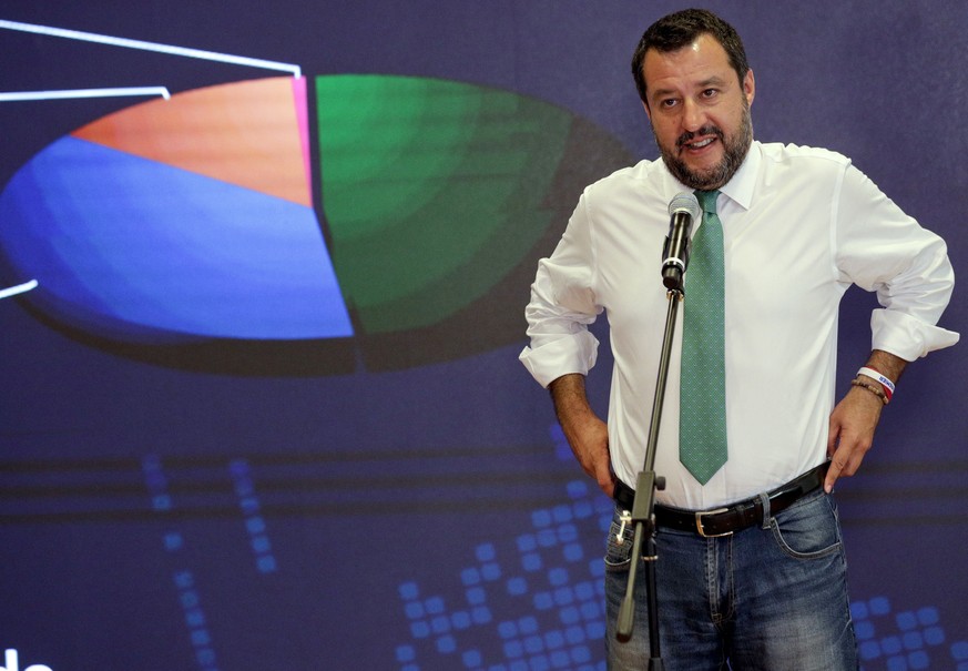 Italian Interior-Minister and Deputy-Premier Matteo Salvini meets reporters at the Interior Ministry headquarters in Rome, Monday, May 27, 2019. Hardline Interior Minister Matteo Salvini&#039;s League ...