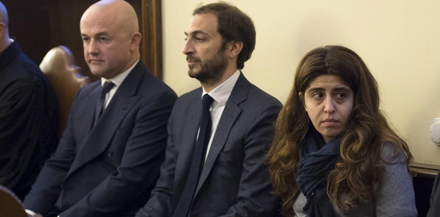 Die Angeklagten (v.l.n.r.):&nbsp;Gianluigi Nuzzi,&nbsp;Emiliano Fittipaldi und&nbsp;Francesca Chaouqui.