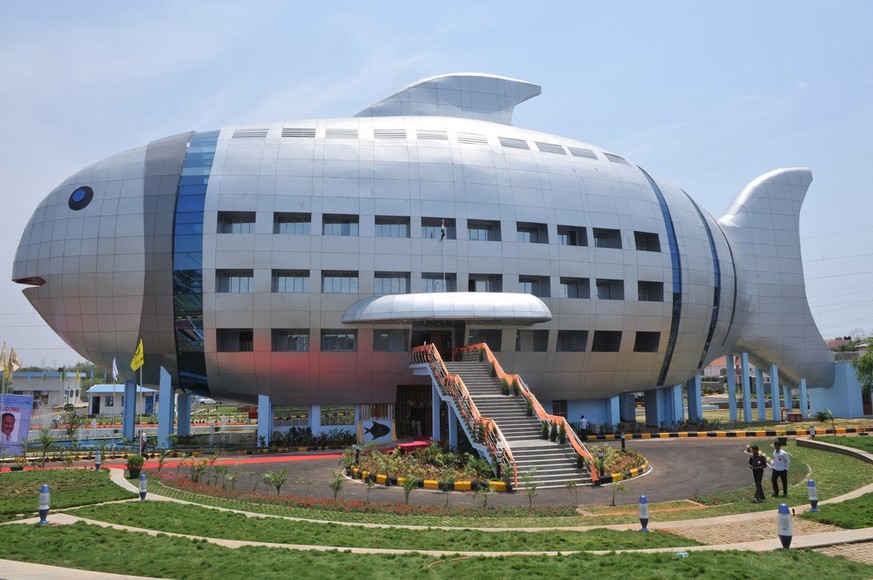 A general view shows the newly opened National Fisheries Development Board (NFDB) building, designed to resemble a fish, in Hyderabad on April 20, 2012. The National Fisheries Development Board (NFDB) ...