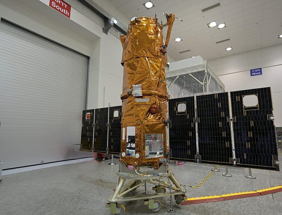 The Ofek 16 sits on display at an Israel Aerospace Industries facility in central Israel shortly before launch Monday, July 6, 2020. The new spy satellite was launched into space from central Israel e ...