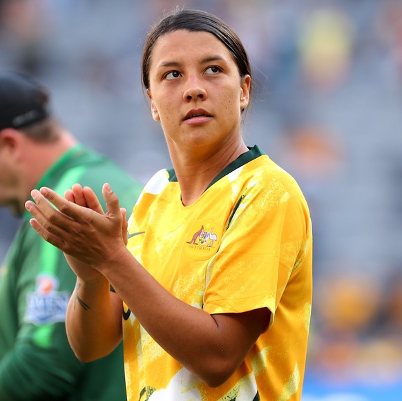 epa07982679 Sam Kerr of Australia applauds the crowd after the Women&#039;s International friendly soccer match between Australia and Chile at Bankwest Stadium in Sydney, Australia, 09 November 2019.  ...
