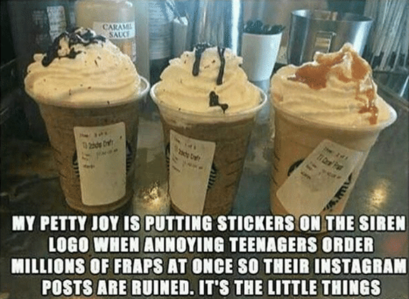 «Meine kleine Freude (als Barista, Anm. d. Red.) ist es, Stickers auf das Starbucks-Logo zu kleben, wenn nervige Teenager tonnenweise Frappuccinos bestellen, sodass ihre Instagram-Posts ruiniert sind. ...