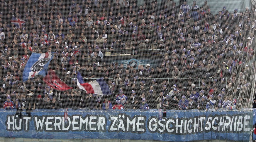 ZSC Lions fans and supportes and a banner saying &#039;Huet werdemer zaeme gschicht schriibe&#039; (in English: &#039;Today we will write history together&#039;) during the ice hockey Champions League ...