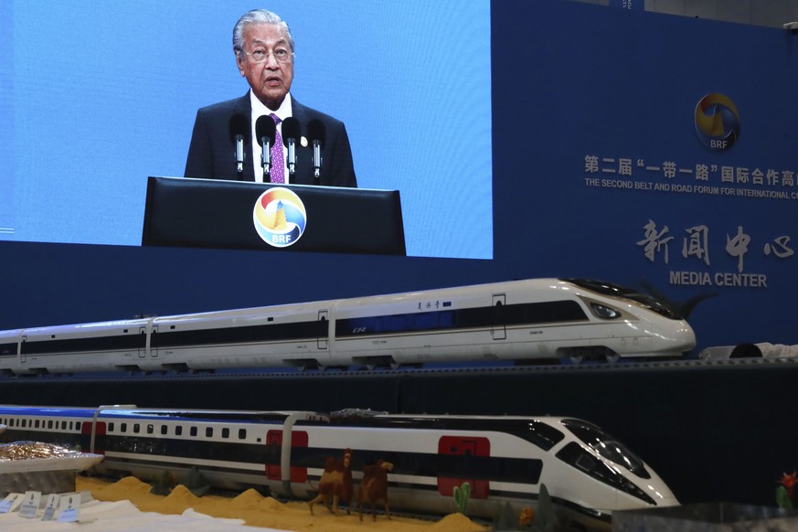 Malaysian Prime Minister Mahathir Mohamad is live broadcasted speaking at the Second Belt and Road Forum In Beijing on Friday, April 26, 2019. President Xi Jinping has promised to set high standards f ...