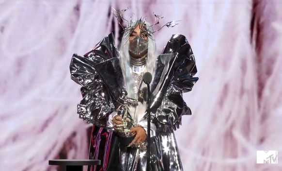 In this video grab issued Sunday, Aug. 30, 2020, by MTV, Lady Gaga accepts the Tricon award during the MTV Video Music Awards. (MTV via AP)