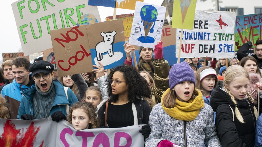 Menschen demonstrieren am schweizweiten Klimastreik gegen die Klimapolitik und fuer einen sicheren Klimaschutz am Samstag, 2. Februar 2019 in Zuerich. (KEYSTONE/Ennio Leanza)