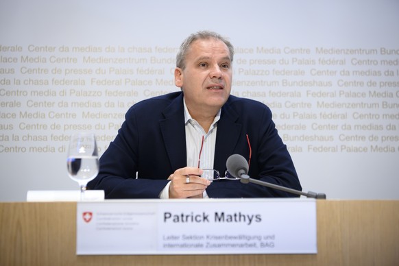 Patrick Mathys, Leiter Sektion Krisenbewaeltigung und internationale Zusammenarbeit, BAG/EDI, spricht waehrend einer Medienkonferenz zur Situation des Coronavirus (COVID-19), am Mittwoch, 5. August 20 ...