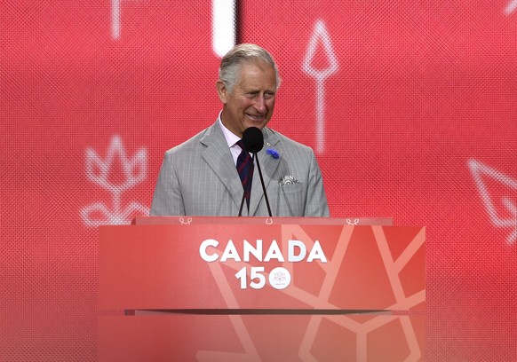 Prince Charles speaks during the Canada Day noon hour show on Parliament Hill in Ottawa on Saturday, July 1, 2017. (Justin Tang/The Canadian Press via AP)