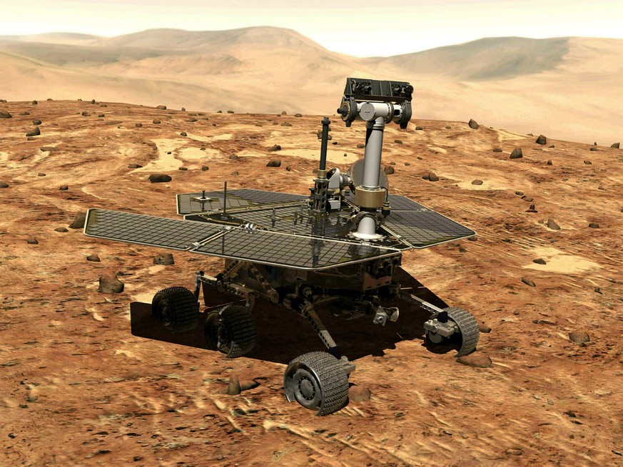 FILE - This illustration made available by NASA shows the rover Opportunity on the surface of Mars. The exploratory vehicle landed on Jan. 24, 2004, and logged more than 28 miles (45 kilometers) befor ...