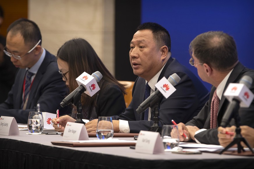 Song Liuping, chief legal officer of Huawei, speaks during a press conference at Huawei&#039;s campus in Shenzhen in southern China&#039;s Guandong Province, Thursday, Dec. 5, 2019. Chinese tech giant ...