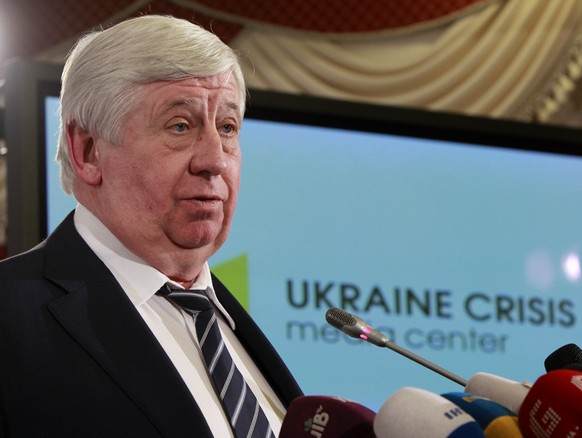 FILE - In this Feb. 16, 2015 file photo, General Prosecutor of Ukraine Viktor Shokin speaks during news conference in Kiev, Ukraine. Ukrainian authorities say a sniper shot at the country&#039;s top p ...