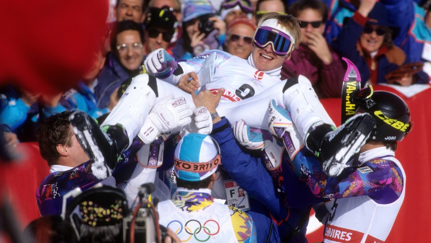 Slalom Olympiasieger Finn Christian Jagge Norwegen wird gefeiert