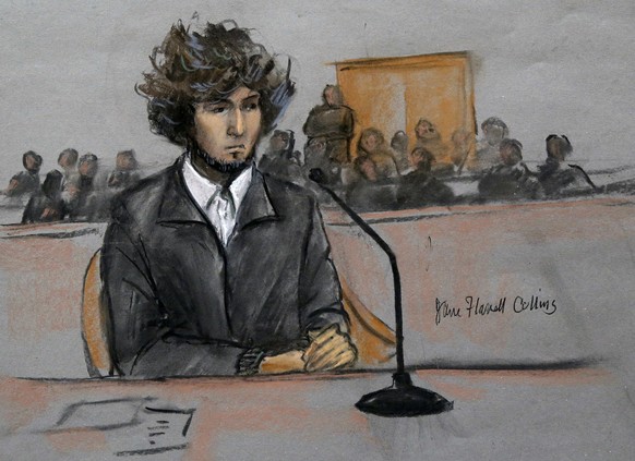 FILE - In this Thursday, Dec. 18, 2014 courtroom sketch, Boston Marathon bombing suspect Dzhokhar Tsarnaev sits in federal court in Boston for a final hearing before his trial begins in January. On Fr ...