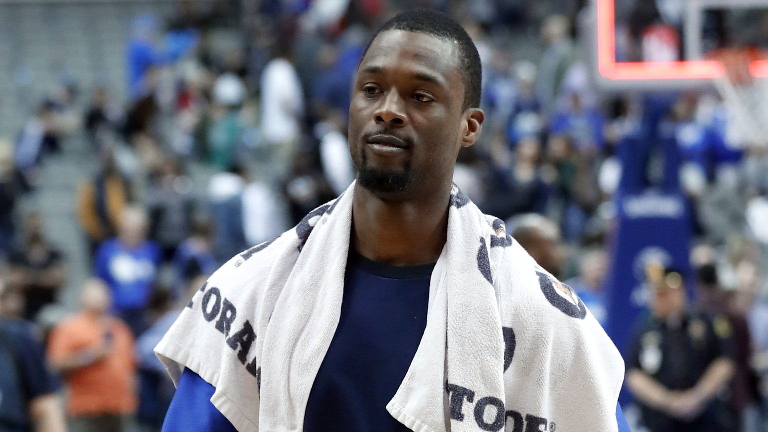 Dallas Mavericks&#039; Harrison Barnes walks off the court after the team&#039;s NBA basketball game against the Charlotte Hornets in Dallas, Wednesday, Feb. 6, 2019. Barnes was traded during the game ...