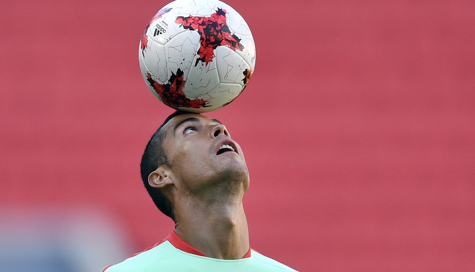Portugal&#039;s Cristiano Ronaldo controls the ball during a training session at the Arena in Kazan, Russia, on Saturday, June 17, 2017. Portugal will play Mexico in a Confederations Cup, Group A socc ...