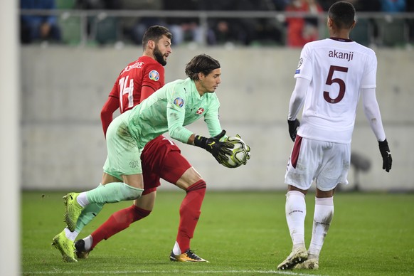 Switzerland&#039;s goalkeeper Yann Sommer in action during the UEFA Euro 2020 qualifying Group D soccer match between Switzerland and Georgia at the Kybunpark stadium in St. Gallen, Switzerland, Frida ...