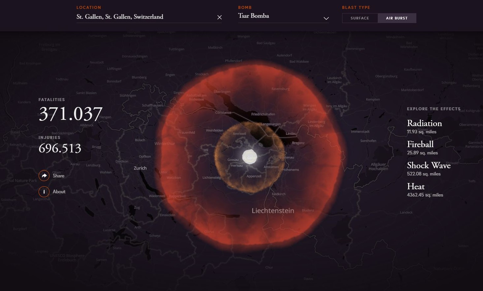Karte: Atomwaffen, nukleare Sprengsätze, Virtuelle Detonation der Tsar Bomba über St.Gallen