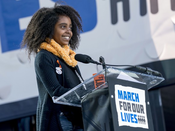 Naomi Wadler, 11, a student at George Mason Elementary School, who organized a school walkout at her school in Alexandria, Va., after the school shooting in Parkland, Fa., speaks during the &quot;Marc ...