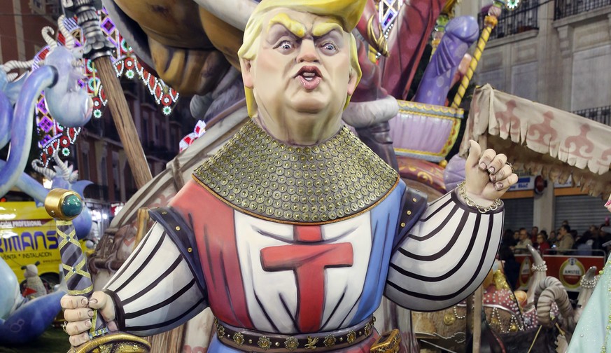 A ninot representing US President Donald Trump as a warrior of the crusades against Islam and immigration before burns on the last night of the Fallas Festival in Valencia, Spain, early Monday, March  ...