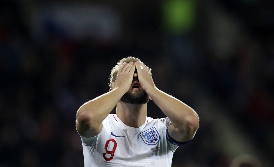 England&#039;s Harry Kane reacts after missing a chance to score during the Euro 2020 group A qualifying soccer match between Czech Republic and England at the Sinobo stadium in Prague, Czech Republic ...