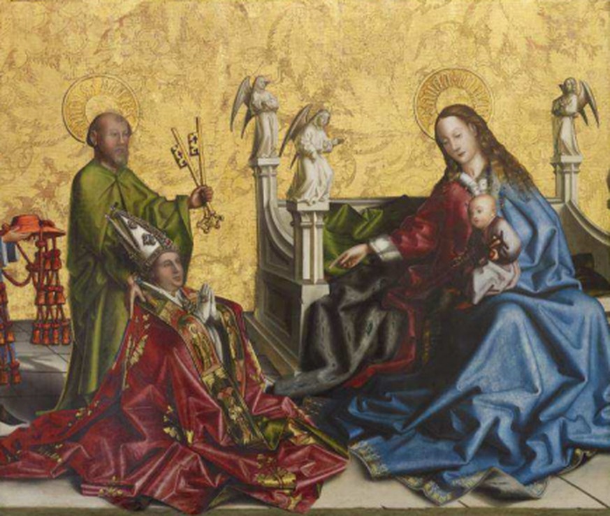 François von Metz, Bischof von Genf zwischen 1426 und 1444, in einer Darstellung von Konrad Witz. François von Metz kniet vor der Maria mit Kind, nachdem er seinen Posten als Bischof verlassen hatte,  ...