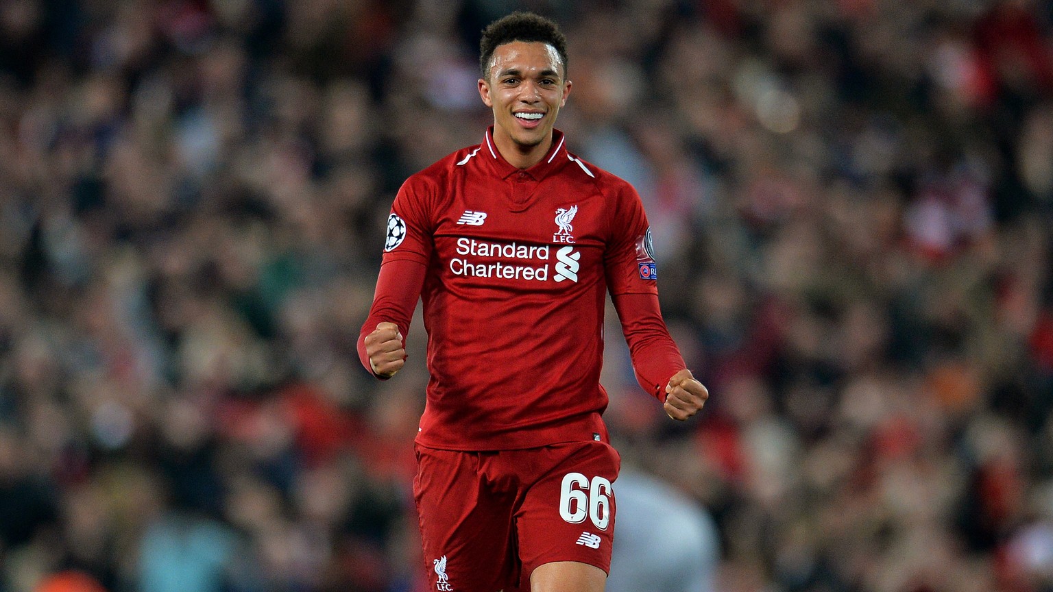 epa07555647 Liverpool&#039;s Trent Alexander-Arnold celebrates after the UEFA Champions League semi final, second leg soccer match between Liverpool FC and FC Barcelona at Anfield in Liverpool, Britai ...