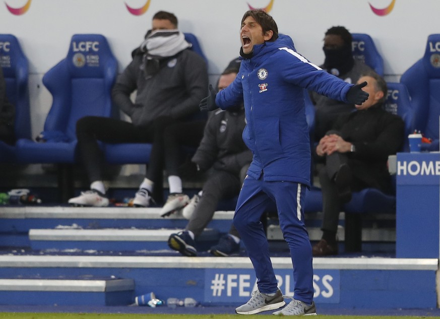 Chelsea&#039;s team manager Antonio Conte yells during the English FA Cup quarterfinal soccer match between Leicester City and Chelsea, at the King Power stadium in Leicester, England, Sunday, March 1 ...