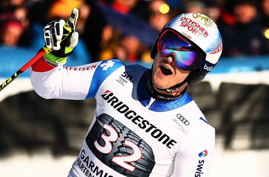 epa05758952 Loic Meillard of Switzerland reacts during the second run of the men&#039;s Giant Slalom race at the FIS Alpine Skiing World Cup in Garmisch-Partenkirchen, Germany, 29 January 2017. EPA/CH ...