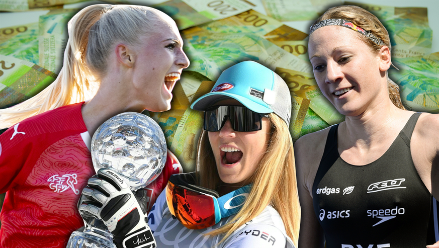 Fussballerin Alisha Lehmann, Mikaela Shiffrin und Daniela Ryf: Zwei von drei haben im Sport schon viel Geld verdient.