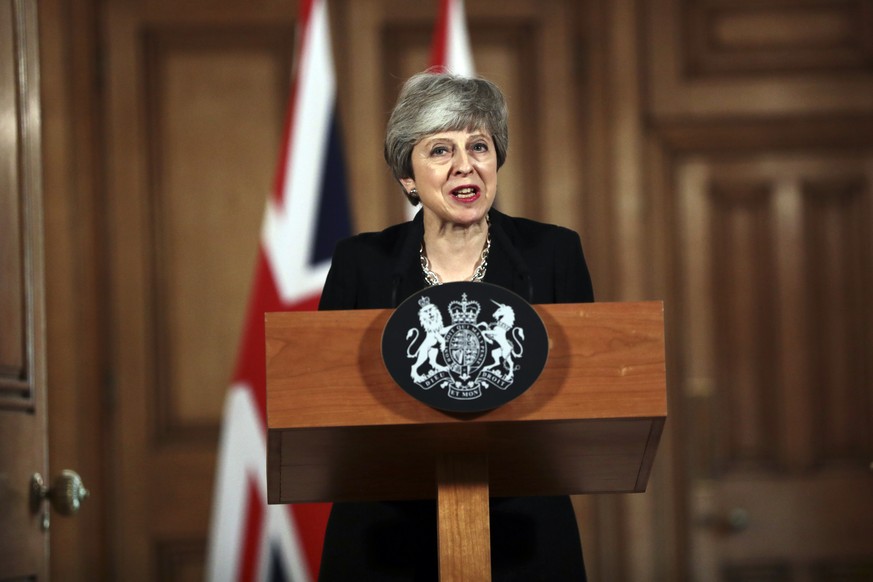 Britain&#039;s Prime Minister Theresa May gives a press conference outside Downing Street, in London, Tuesday, April 2, 2019. May said Tuesday that she will seek to further delay Britain&#039;s exit f ...