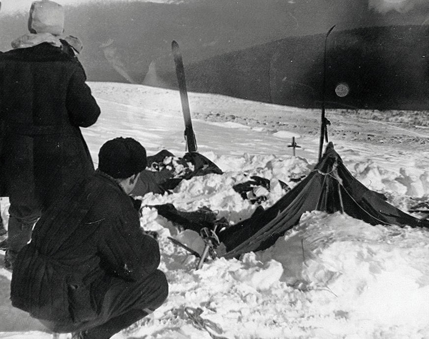 A view of the tent as the rescuers found it on Feb. 26, 1959. The tent had been cut open from inside, and most of the skiers had fled in socks or barefoot. Photo taken by soviet authorities at the cam ...