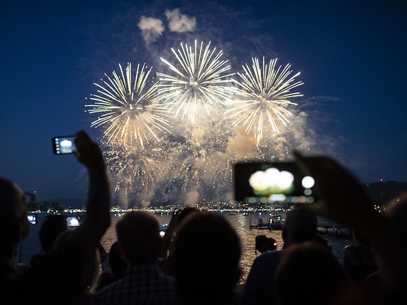Besucher bestaunen das Feuerwerk vom Ufer des Zürichsees aus.