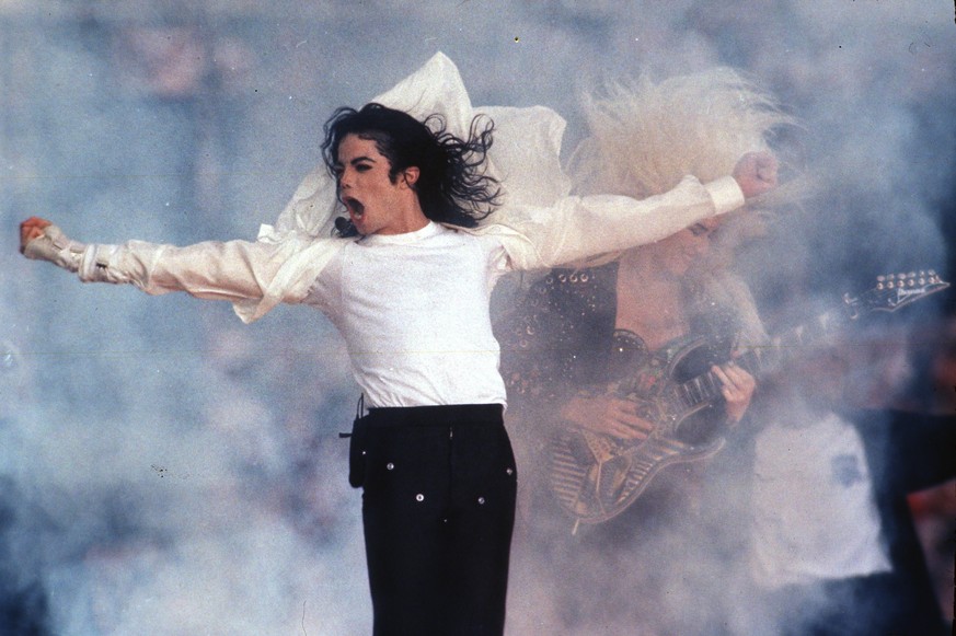 FILE - In this Feb. 1, 1993, file photo, Michael Jackson performs during the halftime show at the Super Bowl in Pasadena, Calif. A month-long Michael Jackson channel on SiriusXM satellite radio was an ...