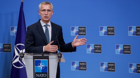 epa09245435 NATO Secretary-General Jens Stoltenberg speaks during a press conference with Lithuanian Prime Minister Ingrida Simonyte, after their meeting at the NATO headquarter in Brussels, Belgium,  ...
