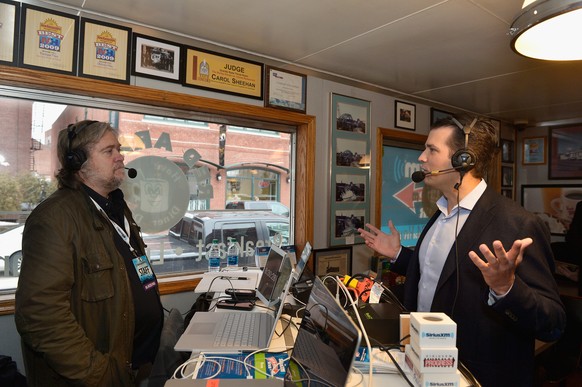 MANCHESTER, NH - FEBRUARY 08: Breitbart News Daily Stephen K. Bannon interviews Donald Trump, Jr. for SiriusXM Broadcasts&#039; New Hampshire Primary Coverage Live From Iconic Red Arrow Diner on Febru ...