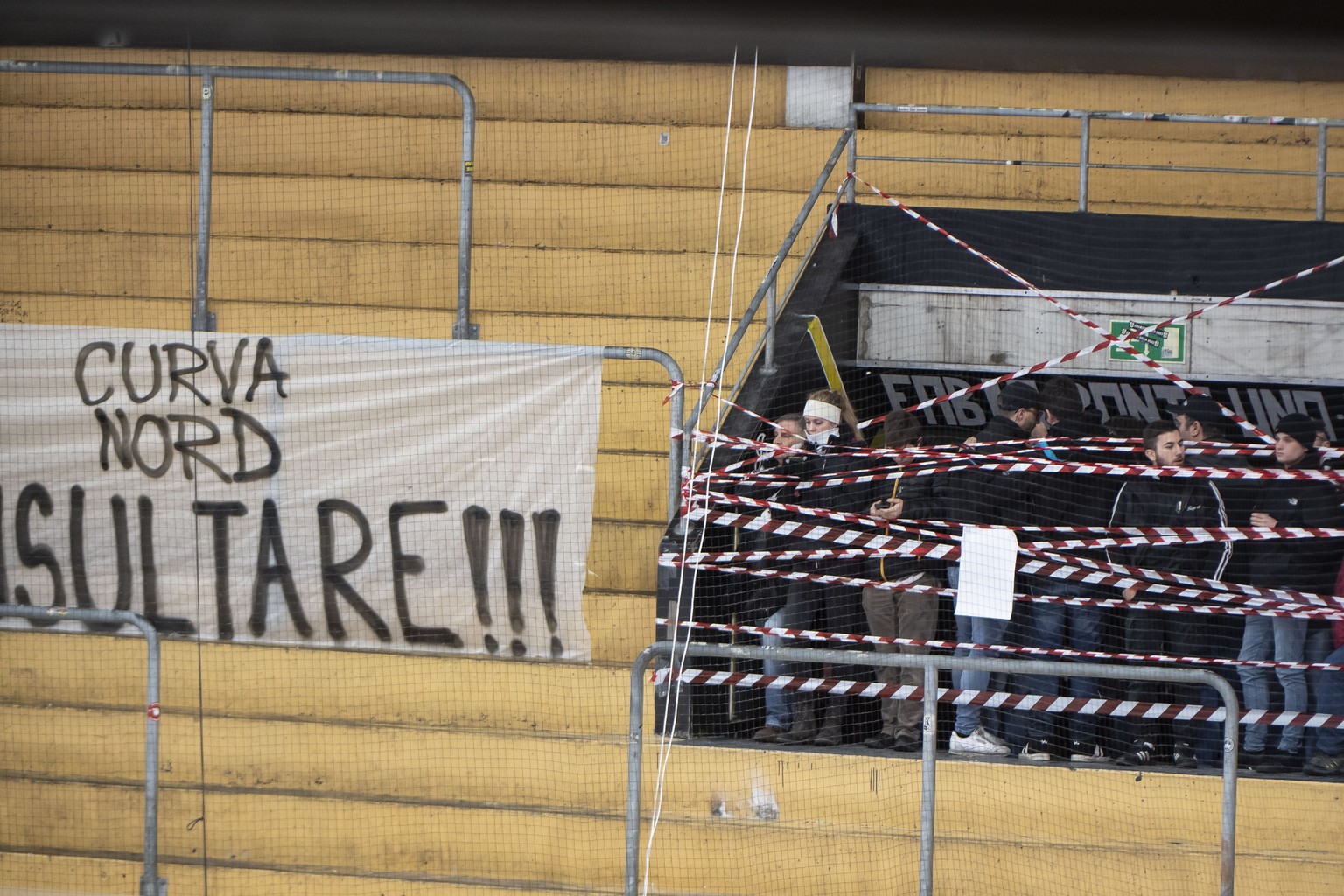 A banner is displayed on the stand of the Lugano fans, during the preliminary round game of National League A (NLA) Swiss Championship between HC Lugano and EHC Bienne at the ice stadium Corner Arena  ...
