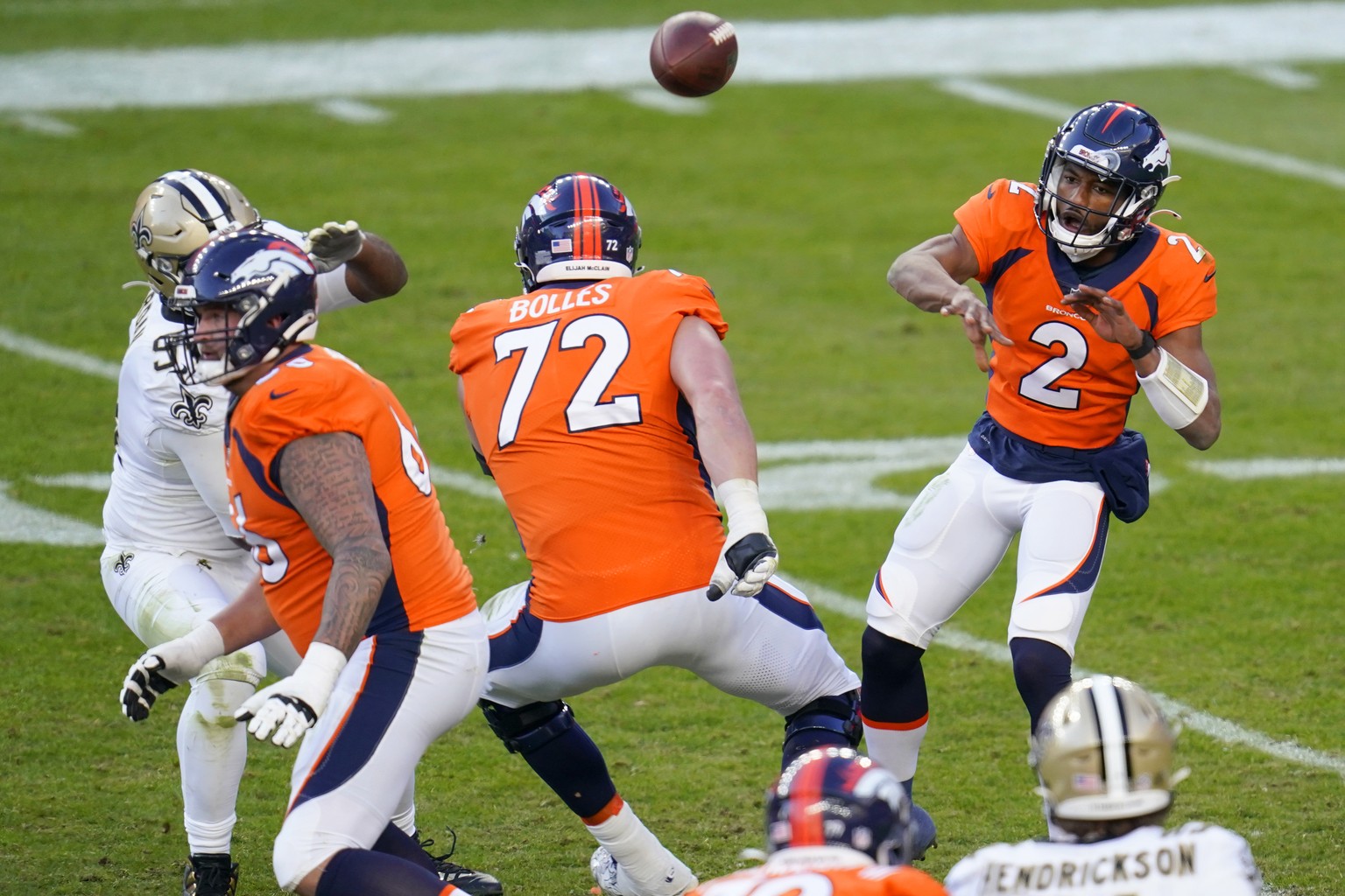 Denver Broncos quarterback Kendall Hinton (2) throws against the New Orleans Saints during the second half of an NFL football game, Sunday, Nov. 29, 2020, in Denver. (AP Photo/David Zalubowski)