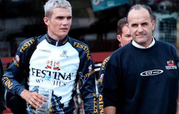 Festina cycling team coach Bruno Roussel,right, and team leader Richard Virenque leave their hotel in Landerneau,Brittany Tuesday July 14,1998 on their way to Roscoff for the start of the 3rd stage of ...