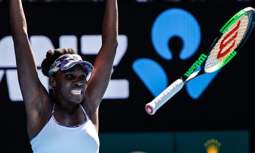 epa05750957 Venus Williams of the USA celebrates after defeating Coco Vandeweghe of the USA during their Women&#039;s Singles semifinal match at the Australian Open Grand Slam tennis tournament in Mel ...