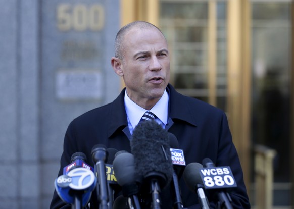 Michael Avenatti, Stormy Daniels&#039; attorney, talks to reporters outside of federal court in New York, Thursday, April 26, 2018. (AP Photo/Seth Wenig)
