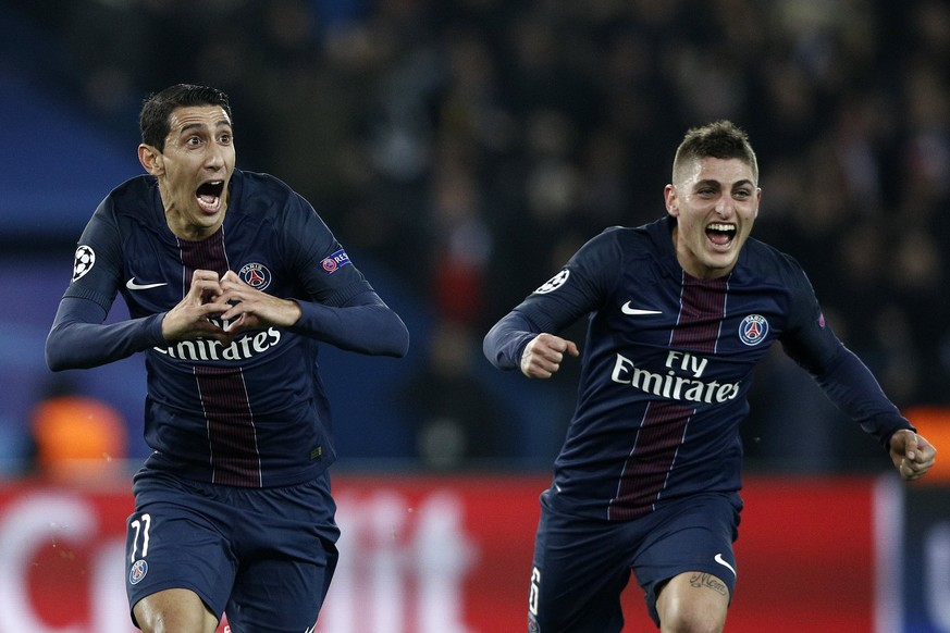 epa05793578 Paris Saint Germain&#039;s Angel Di Maria (L) celebrates with team mate Marco Verratti (R) after scoring the 1-0 lead during the UEFA Champions League round of 16 first leg soccer match be ...